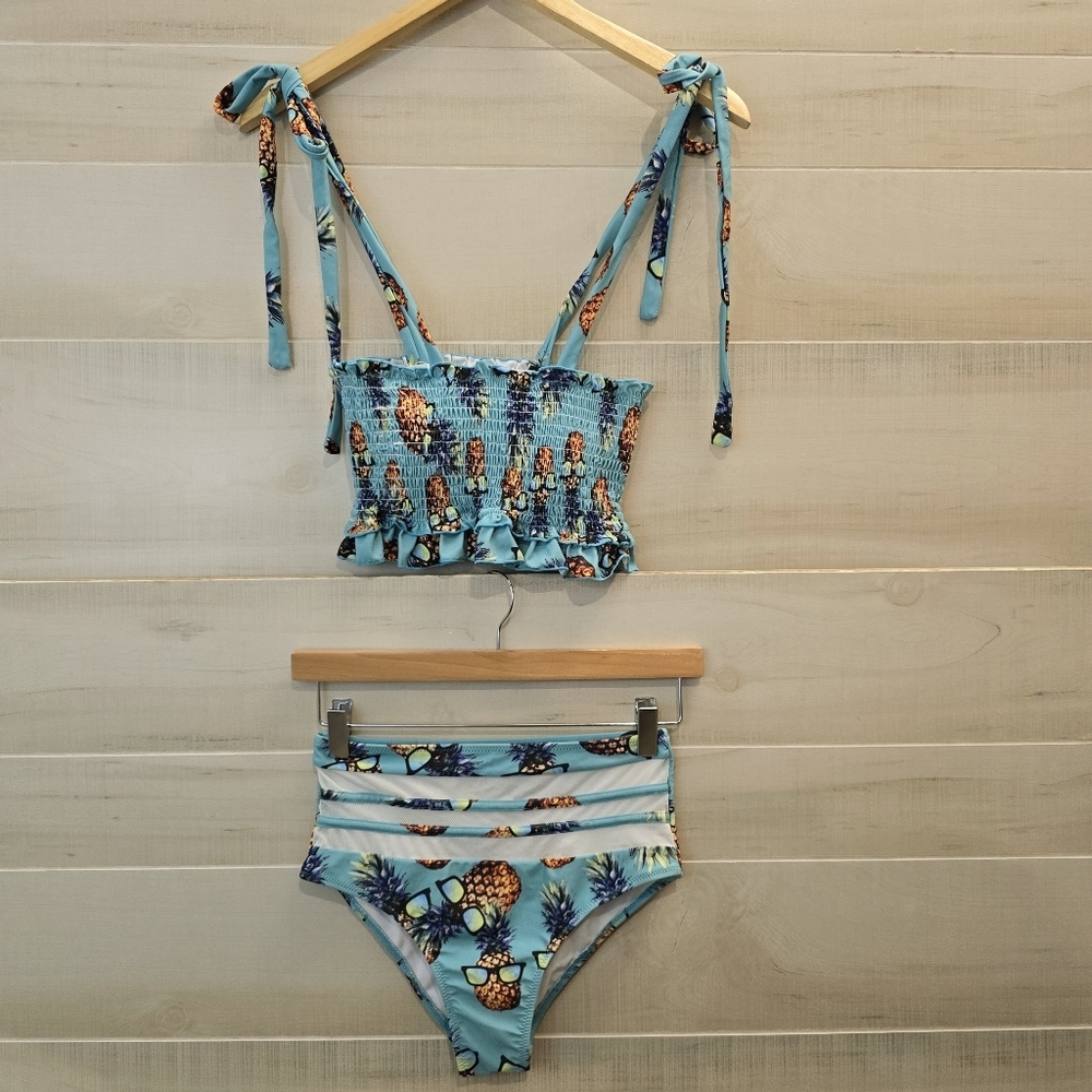 {S} Pineapple With Sunglasses Bikini Smocked Top Teal - Picture 1 of 13